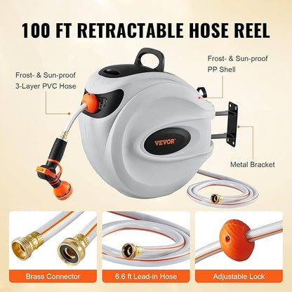 VEVOR Retractable Hose Reel, 100 ft x 1/2 inch, Garden Water Hose Reel with 9-Pattern Nozzle, 180° Swivel Bracket Wall-Mounted, Automatic Rewind, Lock at Any Length, with Slow Return System