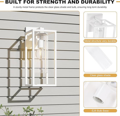15.7 Inch Outdoor Wall Lights, Outdoor Wall Lantern with Circular Clear Glass Shade, Waterproof Exterior Lighting Fixtures, Modern Front Porch Lighting for House, Garage, E26 Base, ETL Listed, White