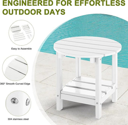 Adirondack Outdoor Side Tables, 2-Tier Round Outdoor Table, Weather Resistant HDPE Patio End Table for Garden, Lawn, Pool, Beach, Porch, Deck, Backyard - White