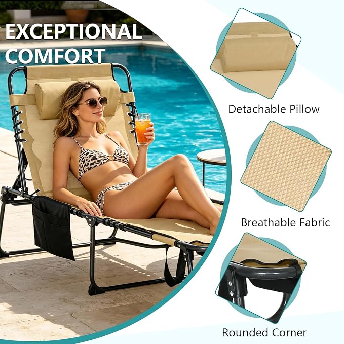 Sun Tanning Chair with Face Hole, Heavy Duty Adjustable 5-Position Folding Laying Out Chairs for Tanning, Beach Lounge Chairs for Adults for Outdoor Sunbathing Patio Pool Lawn (Deep Beige)