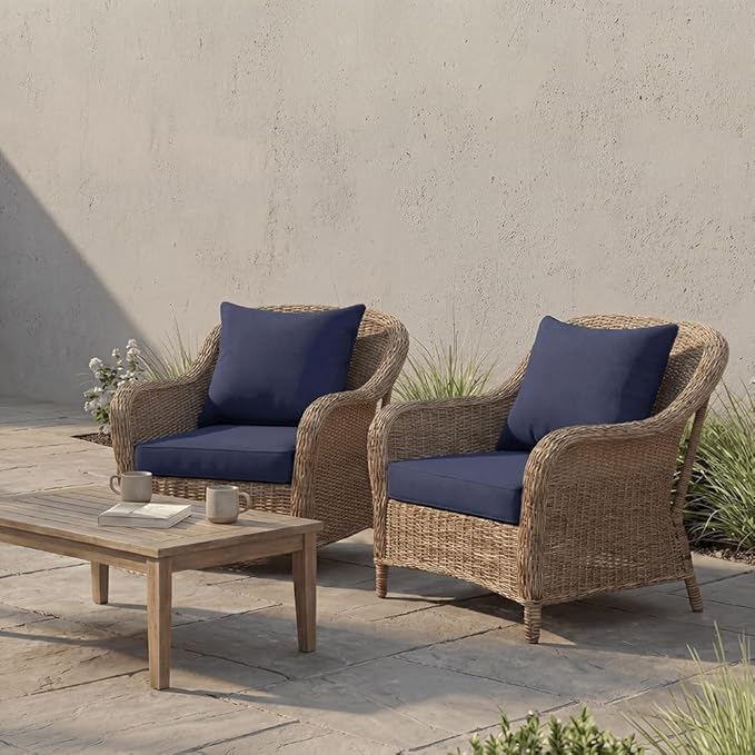 PatioGlow Outdoor Seat Cushion Set, 22" x 22" x 3.5", Set of 2, Water-Resistant & Fadeness Patio Furniture Cushions with Removable Cover & Ties, Thick Deep Seating Pads for Outside Sofa Couch, Blue