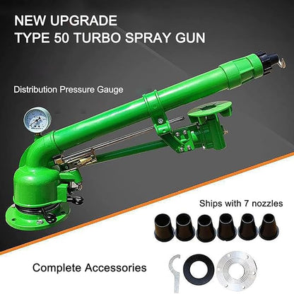 Impact Sprinkler with Pressure Gauge, 360° Slow Speed Rotation Large-Area Watering Spray 1.5" Farm Irrigation Spray Gun for Farmland Irrigation System