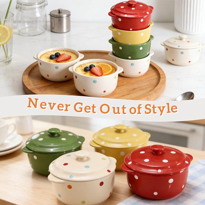 AVLA 4 Pack Porcelain Ramekins, 9 OZ Mini Casserole Bowl with Lid and Handle, Ceramic Souffle Soup Creme Brulee Bowls, Oven Safe, Mini Casserole Dish (Polka Dot, Assorted Color)