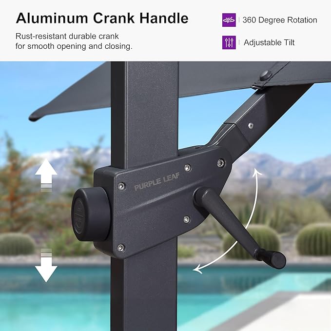 PURPLE LEAF 9' X 11.5' Patio Cantilever Umbrella Outdoor Rectangle Adjustable Offset Umbrellas with 360-degree Rotation and 8 Heavy Duty Metal Ribs for Garden Deck Pool Gray