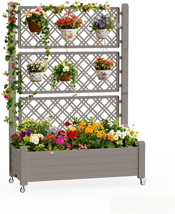 Vixzen 64" Tall Raised Garden Bed,Outdoor Large Resin Planter Box with Trellis and Drain Plug for Climbing Plants,Easy to Assemble,Water Monitor,Mobility(Light Brown, 43.43"×18.27"×64.29")