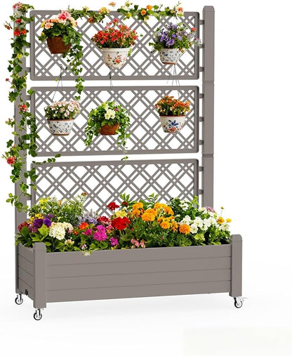 Vixzen 64" Tall Raised Garden Bed,Outdoor Large Resin Planter Box with Trellis and Drain Plug for Climbing Plants,Easy to Assemble,Water Monitor,Mobility(Light Brown, 43.43"×18.27"×64.29")