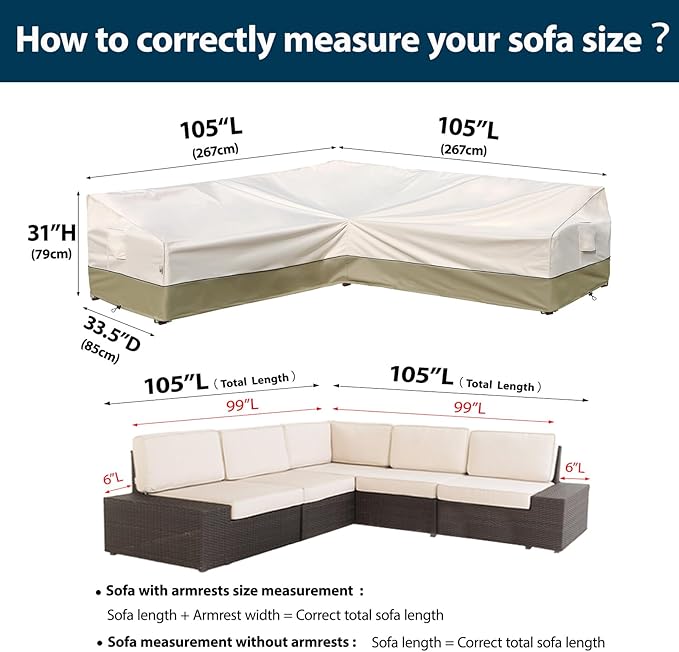 Outdoor Sectional Couch Cover - Waterproof, Rip-Stop, Anti-UV 600D Heavy Duty with 3 Air Vent (V-Shaped-105''X105''), Light Green