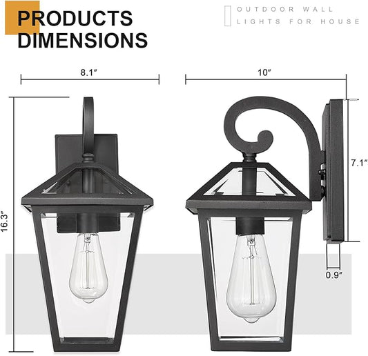 Outdoor Light Fixtures Wall Mount, Waterproof Exterior Wall Lanterns with Glass, Outside Wall Sconces, Front Porch Lights for House Garage Doorway Patio (Black, Clear Glass)