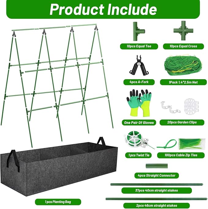 Cucumber Trellis with 46 Gallon Grows Bag, 50 x 54 Inches A Frame Outdoor Greenhouse Trellis and Fabric Raised Bed, Climbing Net and Plant Support Clips for Bean Climbing Plants