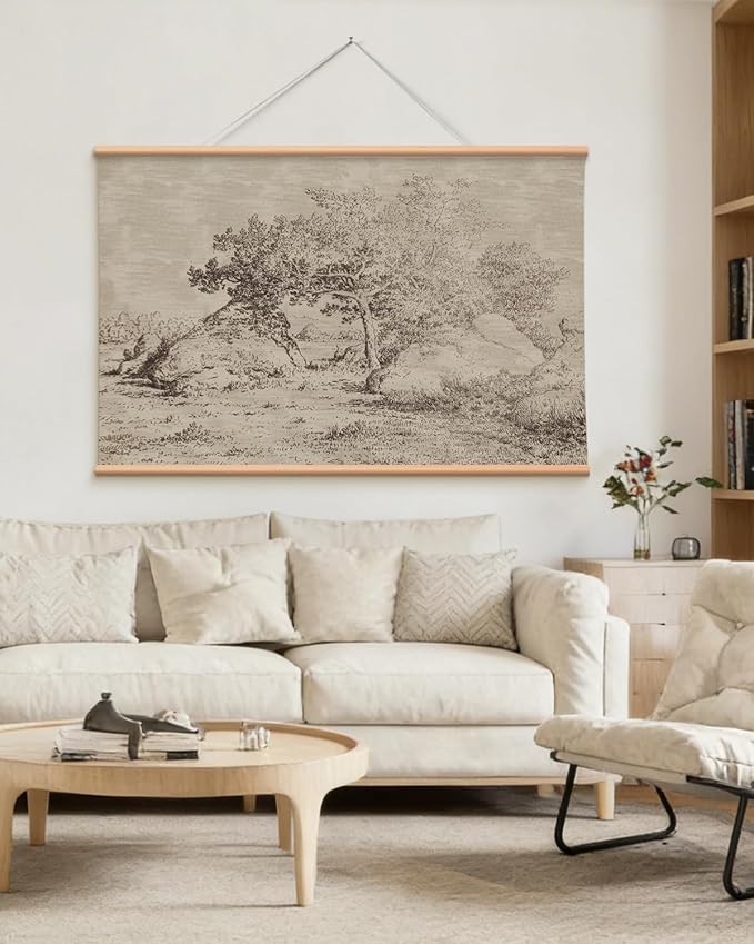 VIYYIEA Extra Large Canvas Wall Art, 36x54 Inch Vintage Landscape Sketch, Neutral Antique Nature Wall Decor for Living Room or Bedroom, Above Sofa