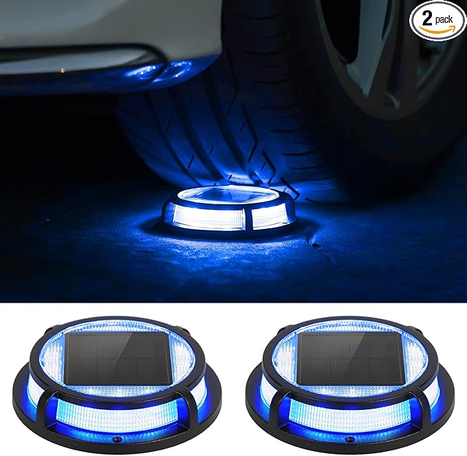 LUTEC 2 Pack Solar Deck Lights Driveway Dock 12 LEDs Light Solar Powered Outdoor Waterproof Road Markers for Step Sidewalk Stair Garden Ground Pathway Yard (Blue)