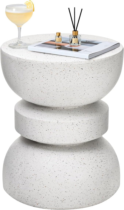 18" Outdoor Side Table, Modern Hourglass Garden Stool in Painted Faux Terrazzo-Look, Patio Coffee Accent Table Decorative, Durable Weatherproof MGO & Easy Assembly Round Table for Room Porch