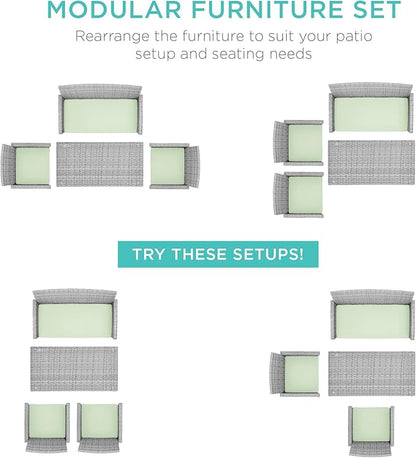 Best Choice Products 4-Piece Outdoor Wicker Patio Conversation Furniture Set for Backyard w/Coffee Table, Seat Cushions - Gray/Light Mint