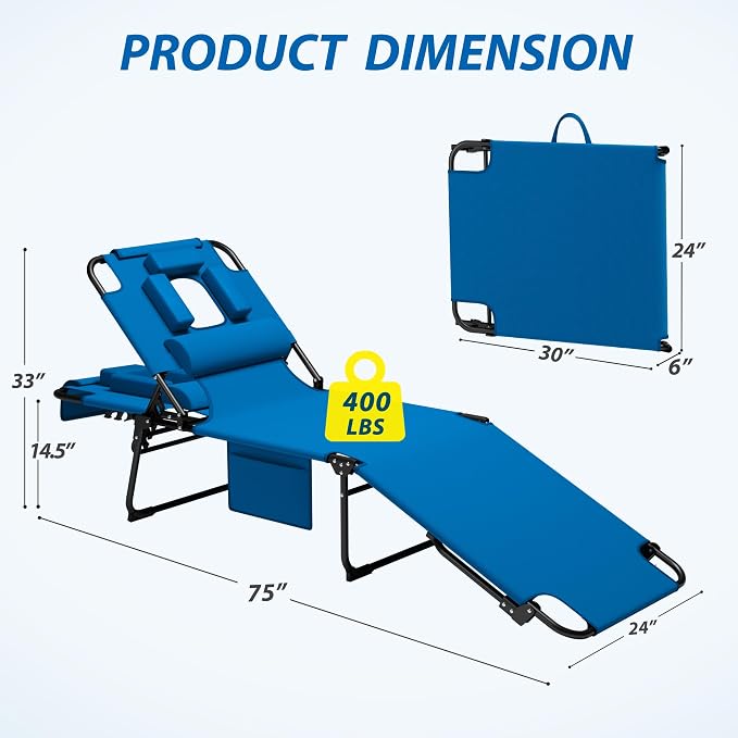 400lbs Tanning Chair with Face Hole, 5-Position Folding Chaise Lounge Chair with Side Pockets, Portable Beach Lounge Chair for Outdoor Sunbathing Patio Pool Lawn, Blue