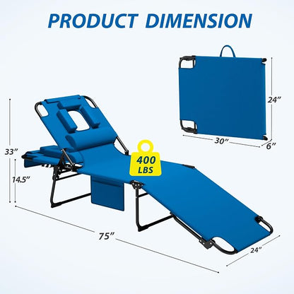 400lbs Tanning Chair with Face Hole, 5-Position Folding Chaise Lounge Chair with Side Pockets, Portable Beach Lounge Chair for Outdoor Sunbathing Patio Pool Lawn, Blue