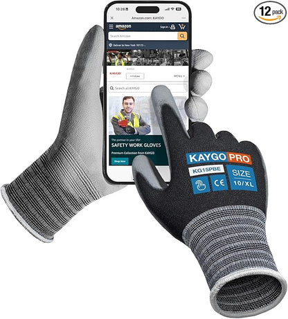 KAYGO Work Gloves PU Coated-12 Pairs KG15P, Nylon Lite Polyurethane Safety Work Gloves with full fingers Touchscreen, Knit Wrist Cuff,Ideal for Light Duty Work (x-large, Black)
