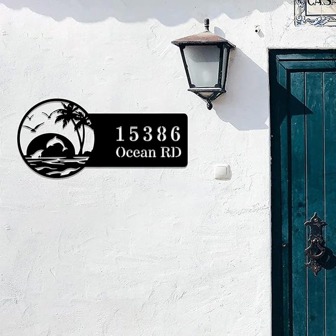 Beach House Metal Sign Custom,Dolphins Personalized Name Sign Wall Art,Custom Home Address Numbers Plaque,Street Address Wall Hanging Decor for Gate Fence Mailbox Apartment Outdoor Yard Door Hanger