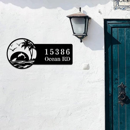 Beach House Metal Sign Custom,Dolphins Personalized Name Sign Wall Art,Custom Home Address Numbers Plaque,Street Address Wall Hanging Decor for Gate Fence Mailbox Apartment Outdoor Yard Door Hanger