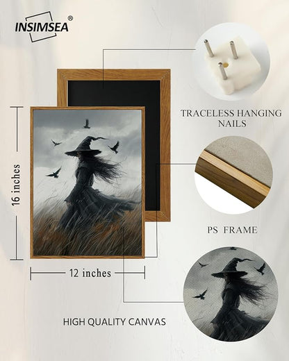 InSimSea Framed Canvas Prints Art Vintage Decor, Witch Gothic Moody Painting, Rustic Dark Academia Wall Art for Bathroom, Halloween Living Room Witchy Room Wall Cottagecore Decor, 12x16inch