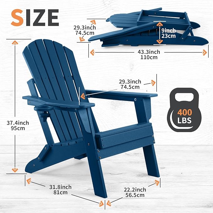 FUNBERRY Folding Adirondack Chair Set of 2, All Weather HDPE Fire Pit Chairs with Cup Holder for Outdoor