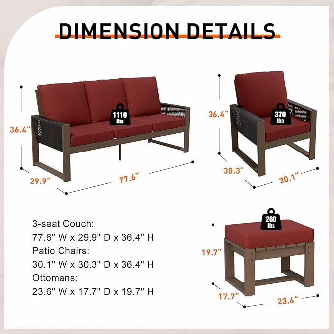 Rustic Hideaway Natural Cedar Wood Outdoor Furniture Set, Wicker Patio Conversation Set for Porch Garden Backyard, Couch, 2 Patio Chairs and 2 Ottomans, 5 Piece, Brownish/Red