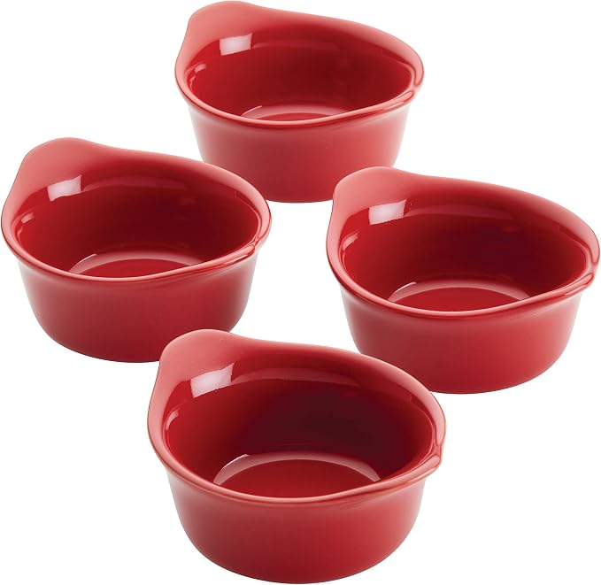 Rachael Ray Solid Glaze Ceramics Round Ramekins/Dipping Cup Set, 4 Piece, Red