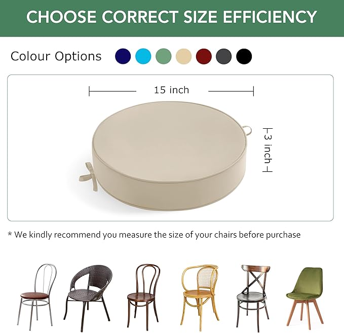 Summsun Outdoor Bistro Chair Cushions Set of 2, 15" D x 3" H Round Chair Cushions Waterproof and Fade Resistant Chair Cushion Pads with Non-Slip Ties and Removable Covers for Garden, Cream