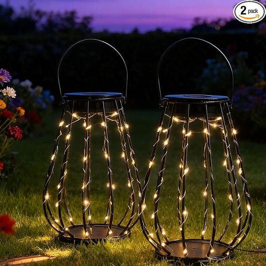 Solar Lanterns Outdoor Hanging, 2 Pack Metal Cage Lanterns with Warm White LED String Lights, Waterproof Solar Powered Decorative Lights for Patio, Garden, Porch, Balcony & Holiday Gifts