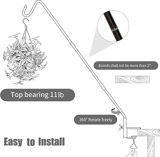 Juegoal Heavy Duty Deck Hook with 2 Inch Non Slip Clamp, 25 or 36 Inch Extended Reach Deck Hook, Adjustable Rail Pole Plant Bracket for Hanging Bird Feeder, Plants, Lanterns, Wind Chimes