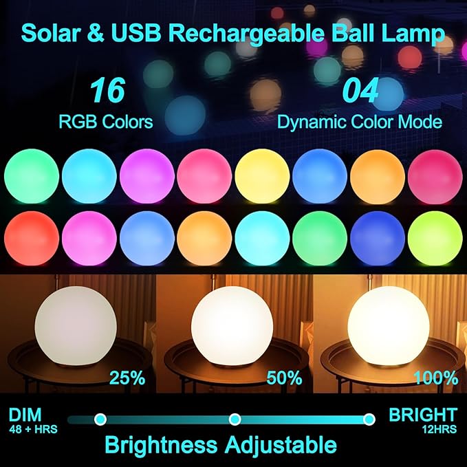 LOFTEK Solar Ball Lights with Ground Pile, RGB Colors Changing Floating Pool Ball Lights, IP65 Waterproof USB Rechargeable Solar Light for Outdoor Garden Pool Deco, 8-inch