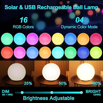LOFTEK Solar Ball Lights with Ground Pile, RGB Colors Changing Floating Pool Ball Lights, IP65 Waterproof USB Rechargeable Solar Light for Outdoor Garden Pool Deco, 8-inch