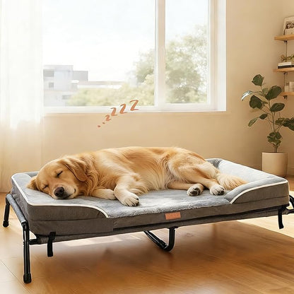 Lekereise Raised Outdoor Large Dog Bed Cot + Orthopedic Indoor Dog Sofa Bed, 2-in-1 Design,43 x 32 Inch Cooling Elevated Puppy Bed with Egg-Crate Orthopedic Foam Load 110lbs