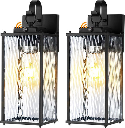 2-Pack Dusk to Dawn Outdoor Lighting with Water Ripple Glass, IP65 Waterproof Matte Black Front Porch Lights Photocell Sensor Exterior Light Fixtures Outdoor Wall Sconces Coach Lights