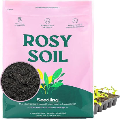 Rosy Soil Seed Starter Soil Mix - Organic Peat-Free Seedling Soil w/Worm Castings, Biochar, Mycorrhizae for Seed Germination, Microgreens, Propagation, Herbs, Vegetables, Flowers, Cuttings - 4qt