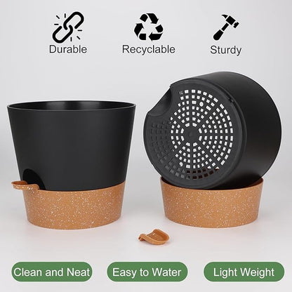 YNNICO 10-Inch Plant Pots, Self-Watering Planters with Drainage Holes & Saucers for Indoor and Outdoor Plants (2-Pack, Black)