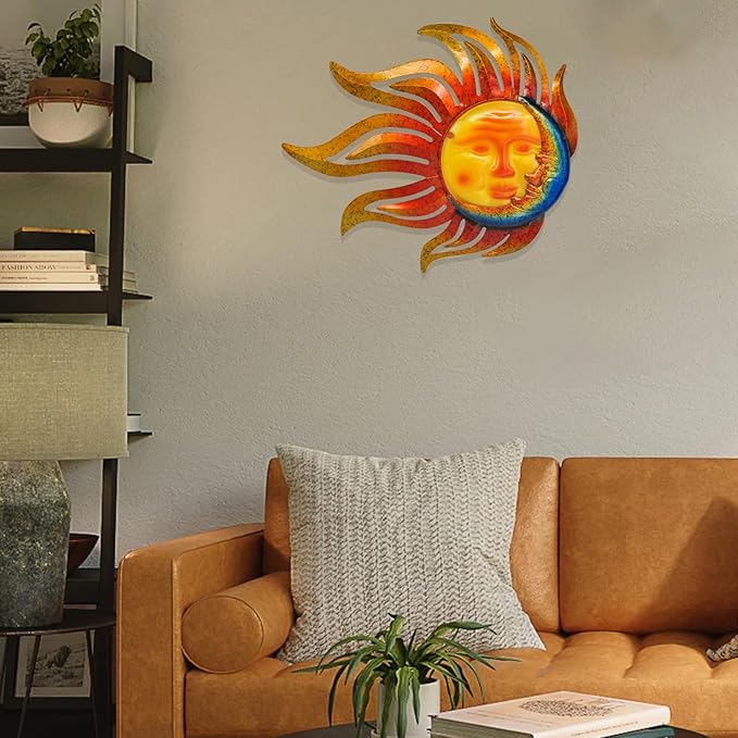 Tuokiuhn Large Sun Metal Outdoor Wall Art Decor Metal Sun Moon Wall Decor Outdoor Art Hanging Living Room Garden 28 Inch