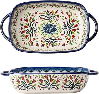 Vintage Style Tulip Flower Pattern Ceramic Bakeware Casserole Dish Baking Pan Lasagna Pans Baking Dish with Handles for Oven/Cooking/Kitchen-1 PCS-22 OZ