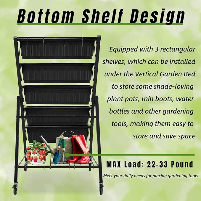 Homdox 4FT Vertical Garden Bed, 5 Tiers Vertical Raised Garden Planter, 25.6 * 26 * 48Inch Garden Raised Bed with 4 Hooks & 4 Wheels, Vegetable Flower Planter Raised Stand, Black with Storage Rack