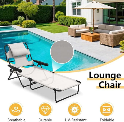 Sun Tanning Chair with Face Hole, Heavy Duty Adjustable 5-Position Folding Laying Out Chairs for Tanning, Beach Lounge Chairs for Adults for Outdoor Sunbathing Patio Pool Lawn (Cream White)