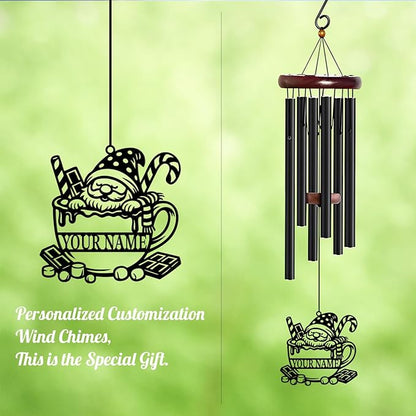 Personalized Customize Name Gnome Wind Chime, Metal Iron 37 Inch Outdoor Memorial Gift for Garden Yard Patio Home Decor, Black，Christmas (Style D)
