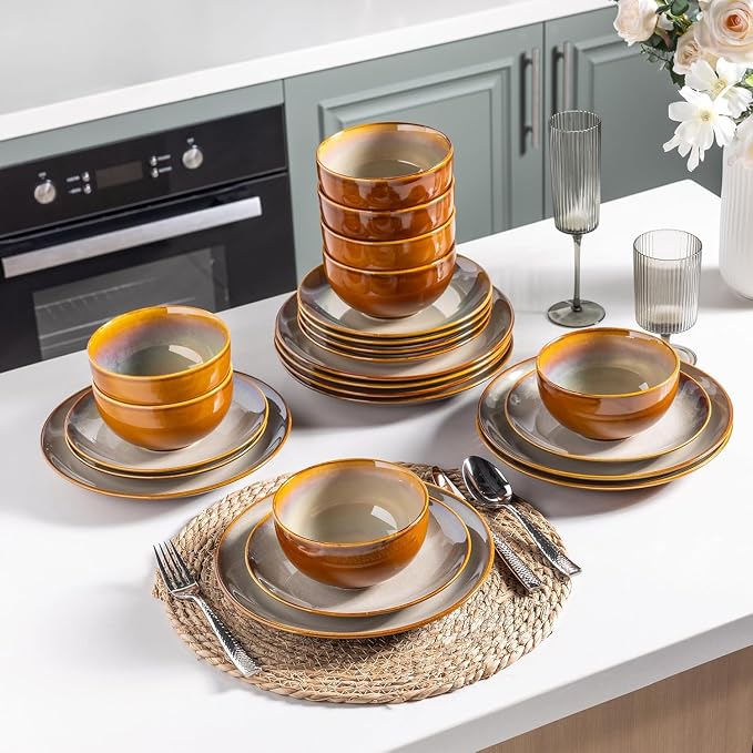 LeRatio Ceramic Dinnerware Sets for 6,18-Piece Plates and Bowls,Handmade Reactive Glaze Dishes Set,Chip Resistant and Scratch Resistant | Oven Dishwasher & Microwave Safe,Service for 6-Kahki