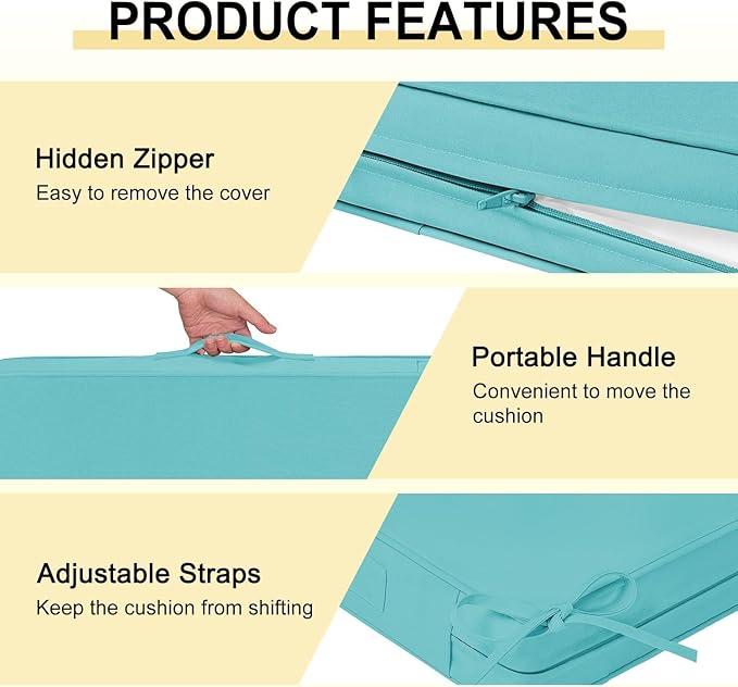 downluxe Waterproof Outdoor Chair Cushions for Patio Furniture, 24" x 24" x 4" Patio Chair Cushion with Adjustable Ties & Portable Handle, Square Outdoor Cushion with Removable Cover, Teal, 2 Pack