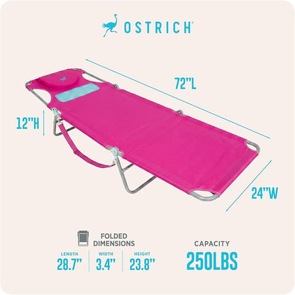 Ostrich the Ladies Comfort Lounger with Chest Support, Foldable and Portable Reclining Outdoor Patio Beach Lawn Camping Pool Tanning Chair, Pink