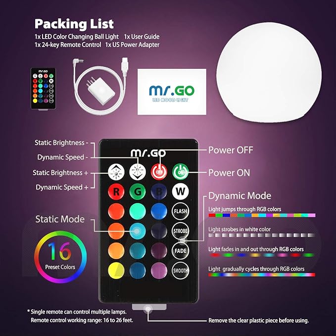 Mr.Go 20-inch Rechargeable LED Ball Light, Waterproof Outdoor Globe Lights w/Remote, 16 RGB Color Changing Glowing Orb, 4400mAh Dimmable Globe Floor Lamp for Home Garden Patio Lawn Pool Party Decor
