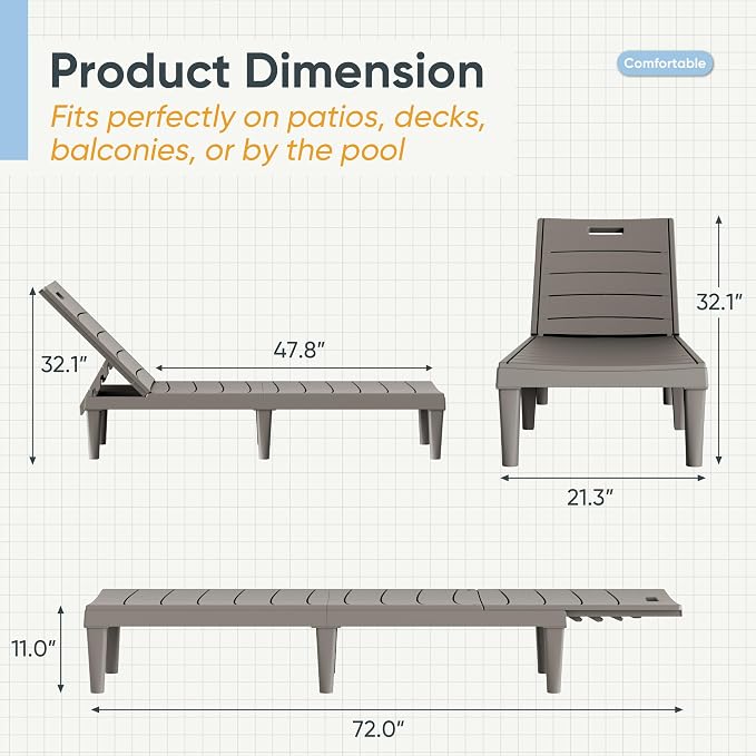 Greesum Outdoor Chaise Lounge Chairs Set of 4 with 5-Position Adjustable Backrest, Waterproof PP Sun Chaise Loungers for Garden Pool Beach Patio Deck Sunbathing, Light Coffee
