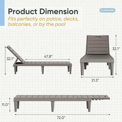 Greesum Outdoor Chaise Lounge Chairs Set of 4 with 5-Position Adjustable Backrest, Waterproof PP Sun Chaise Loungers for Garden Pool Beach Patio Deck Sunbathing, Light Coffee