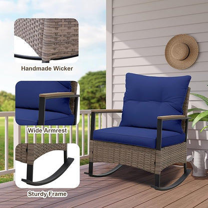 EAGLE PEAK 3 Piece Mojave Dusk Outdoor Conversation Set, Patio Wicker Furniture, 2 Rocking Chairs and Side Table, Light Brown/Blue