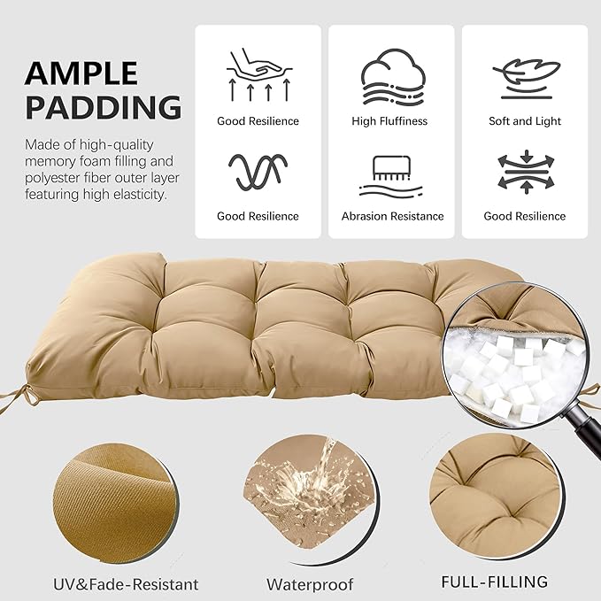 3 Pcs Wicker Chair Cushions Patio Loveseat Chaise Cushion Set - 1200D 47x19*4 Inch Waterproof Wicker Bench Cushions with 2 19x19x4 Inch Chair Cushions for Garden Porch Wicker Patio Furniture(Khaki)