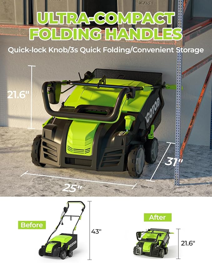 2-in-1 Dethatcher & 16-Inch Scarifier Electric Corded, 15 Amp Copper Motor, Electric Lawn Dethatcher with 5-Position Depth Adjustment, 14.5 gal Thatch Bag,Walk Behind for Yard Lawn Garden Care