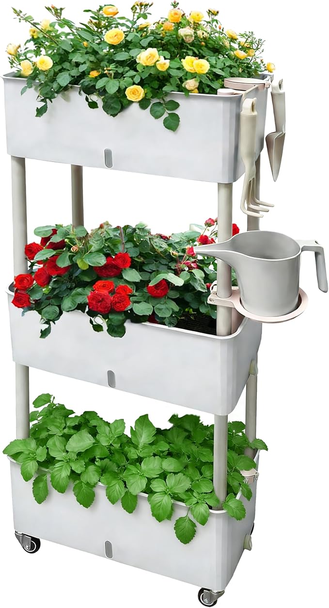 MNKXL Self-Watering Raised Planter Box with Lockable Wheels,3-Tier Elevated Garden Bed with Visible Water Level Window,Indoor Outdoor Plastic Plant Box for Flowers,Vegetables & Herbs